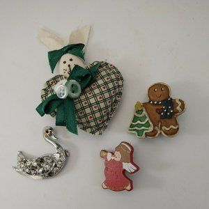 4 pc Vintage PIN Brooch LOT Rhinestone Bunny Gingerbread Man Angel Swan Crafting
